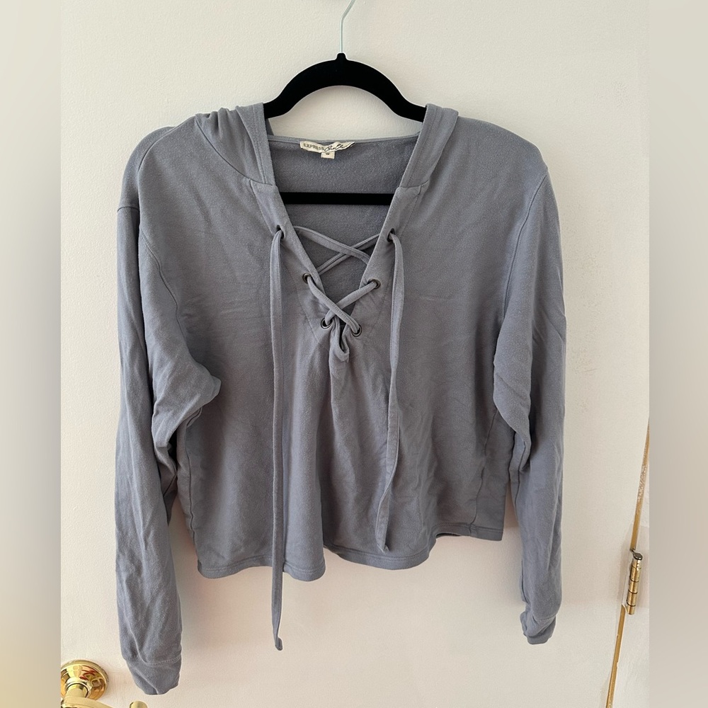 Blue/Gray Lace-Up Hoodie Top